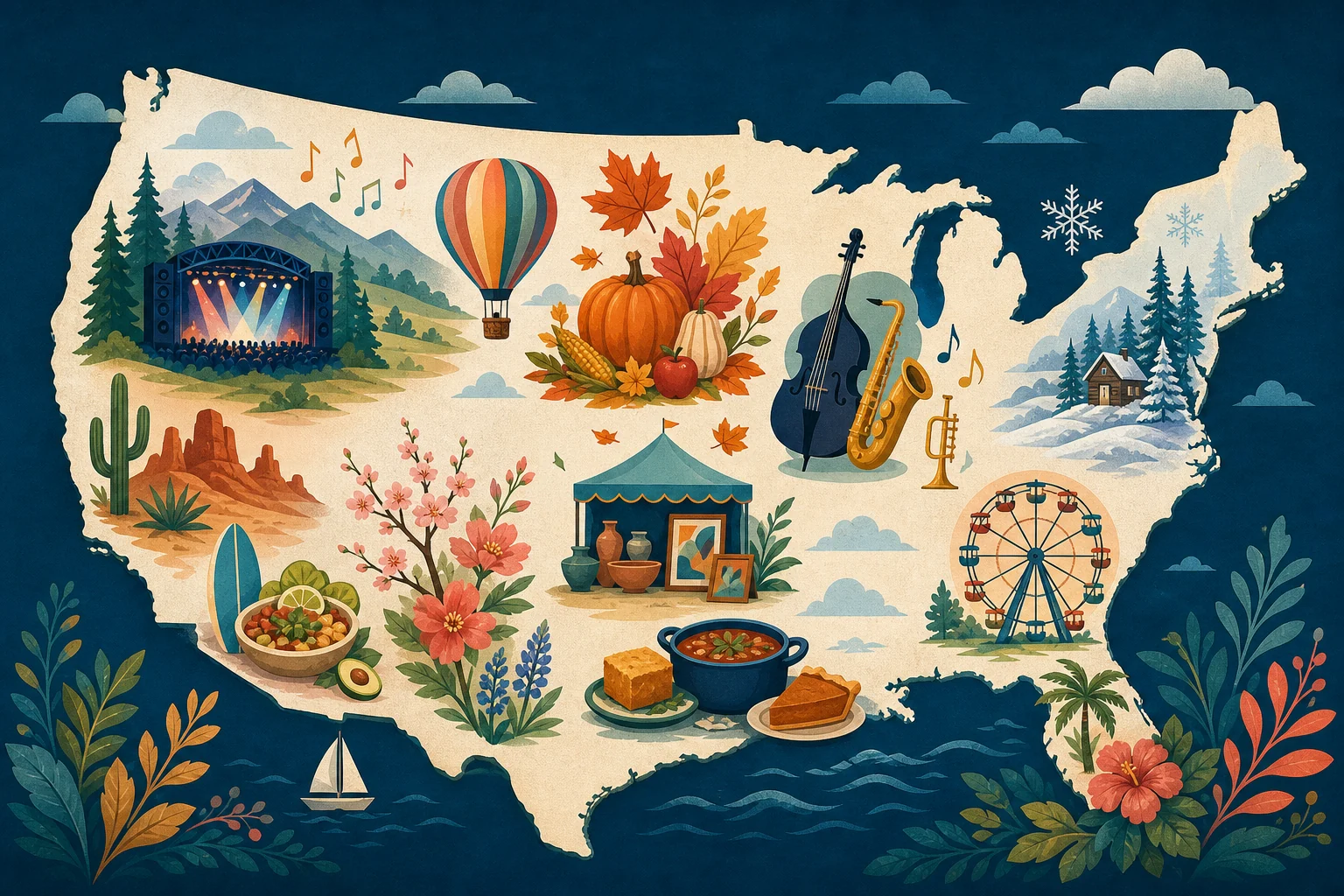 Illustrated map of the United States representing music, food, arts, seasonal, and cultural festivals