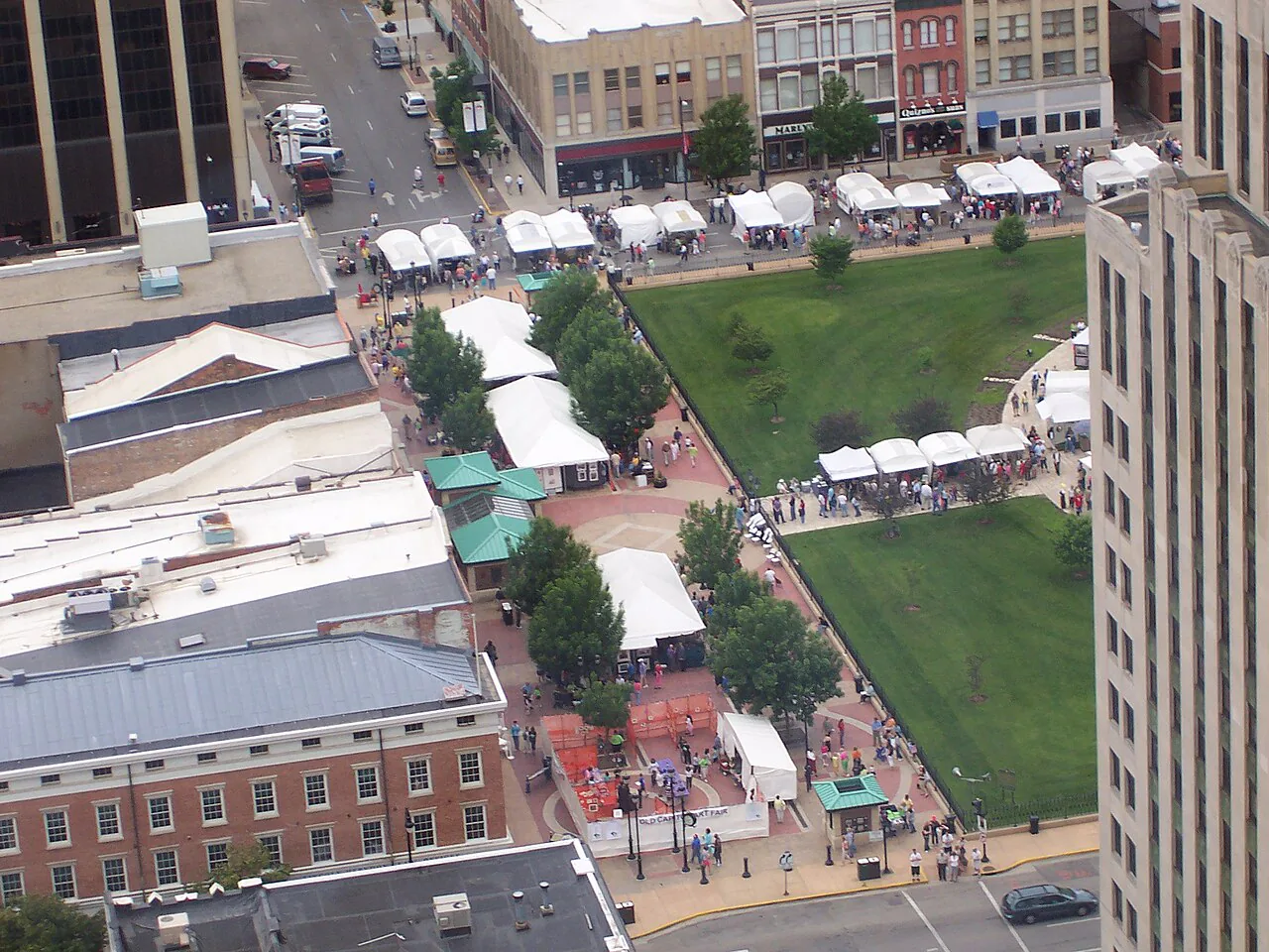 Aerial view of white artist tents around the Old State Capitol in Springfield Illinois